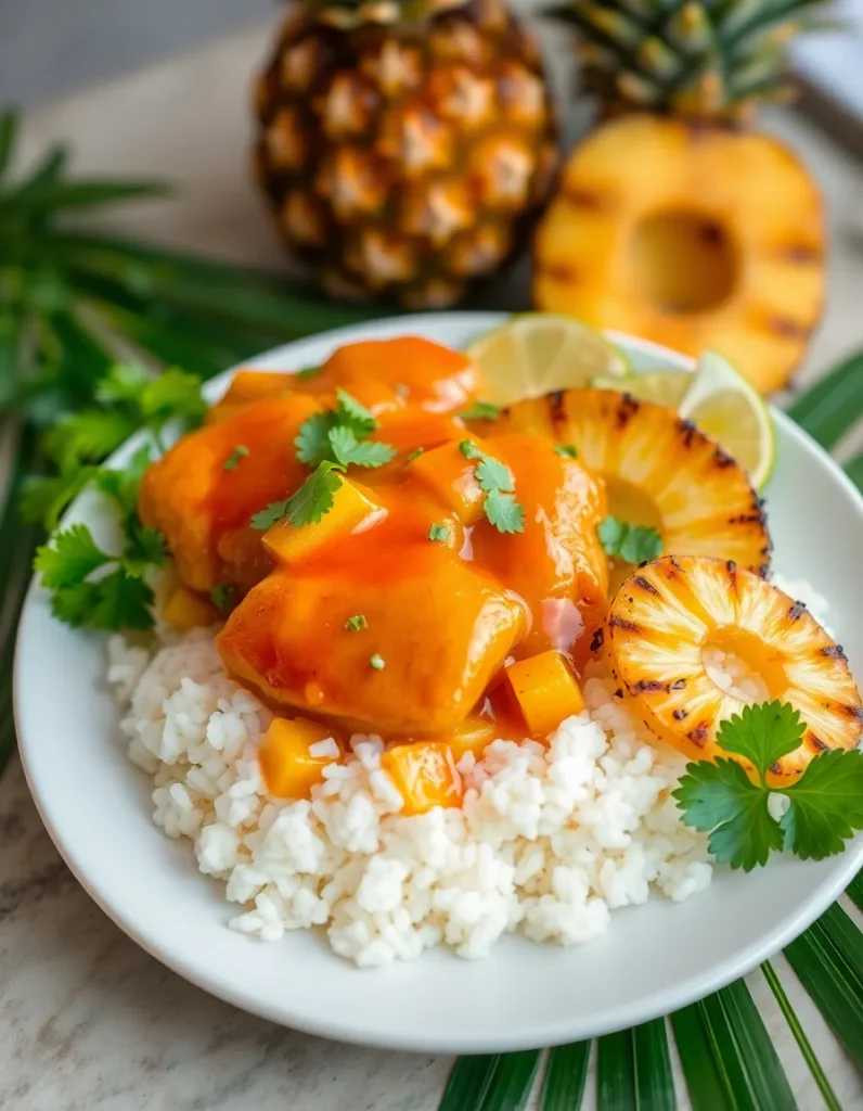 Hawaiian chicken with coconut rice topped with pineapple slices and tropical sauce.
