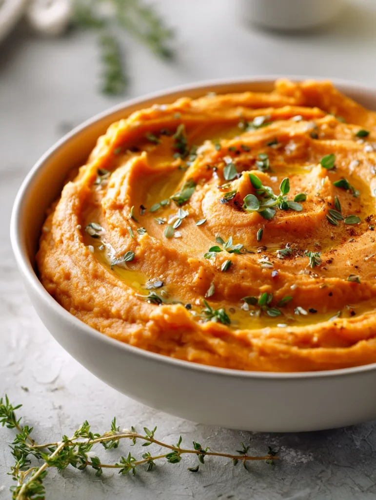 Healthy mashed sweet potatoes with olive oil, herbs, and spices in a bowl