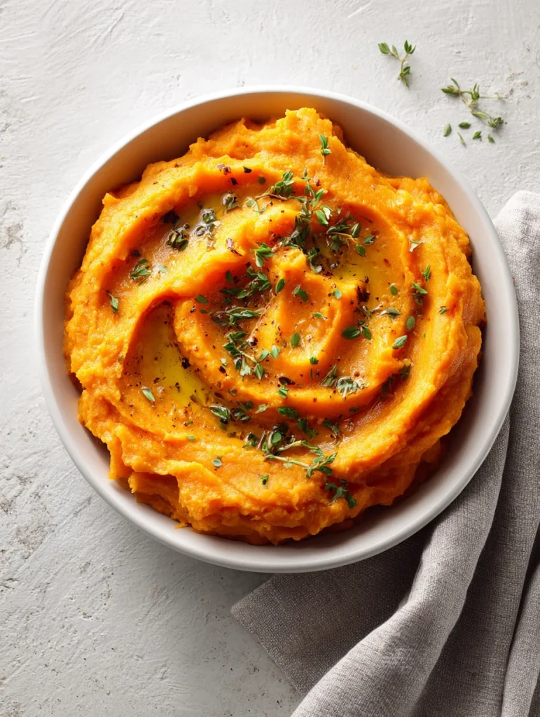 Healthy mashed sweet potatoes with olive oil, herbs, and seasoning in a bowl