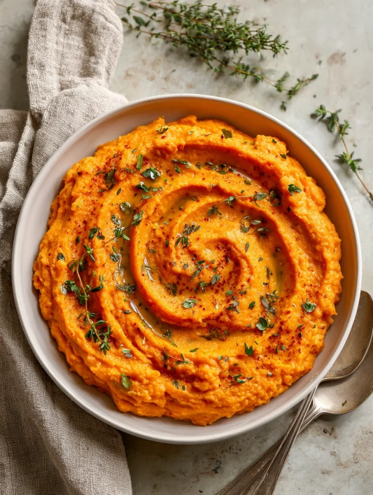 Healthy mashed sweet potatoes with herbs and olive oil in a bowl