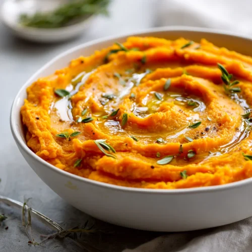 Healthy mashed sweet potatoes with olive oil and herbs in a bowl