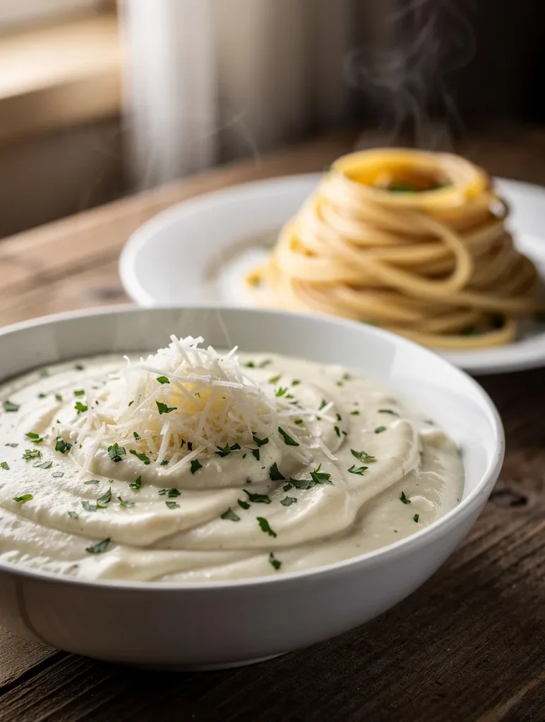 Creamy Alfredo sauce topped with grated Parmesan and herbs, with pasta in the background