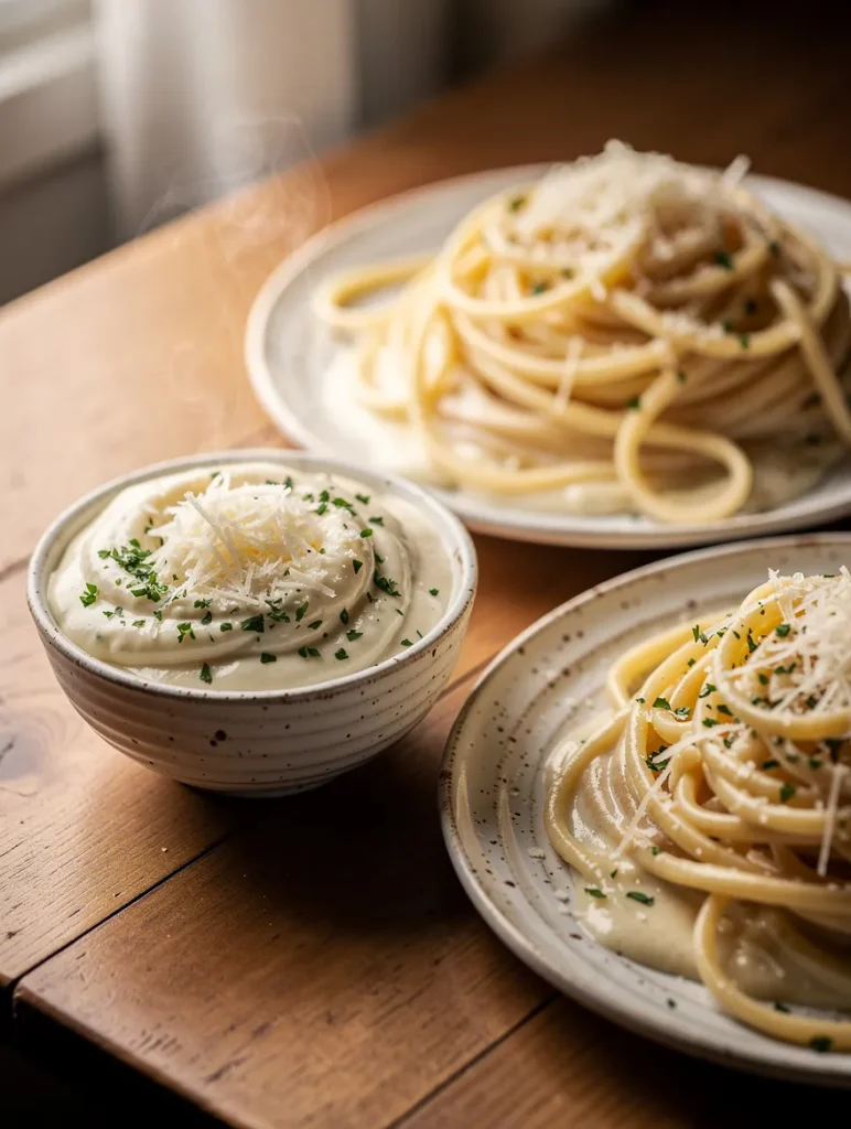 Homemade Alfredo sauce in a bowl served with creamy pasta topped with Parmesan and herbs