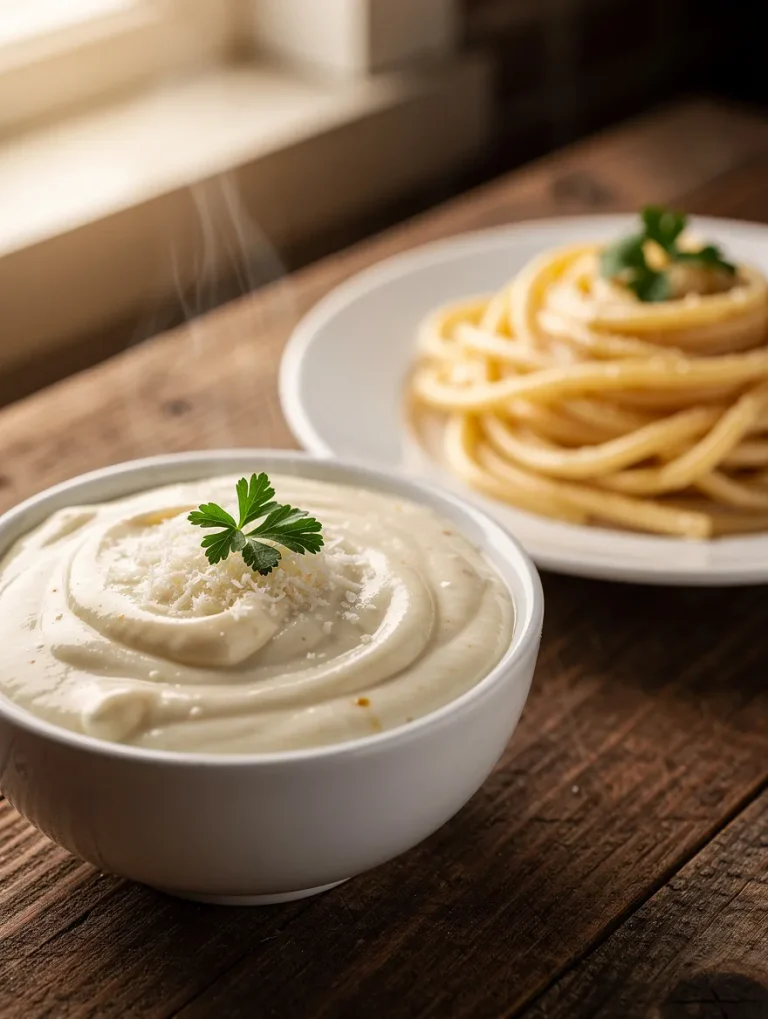 Creamy homemade Alfredo sauce in a bowl with grated Parmesan and parsley, served beside pasta