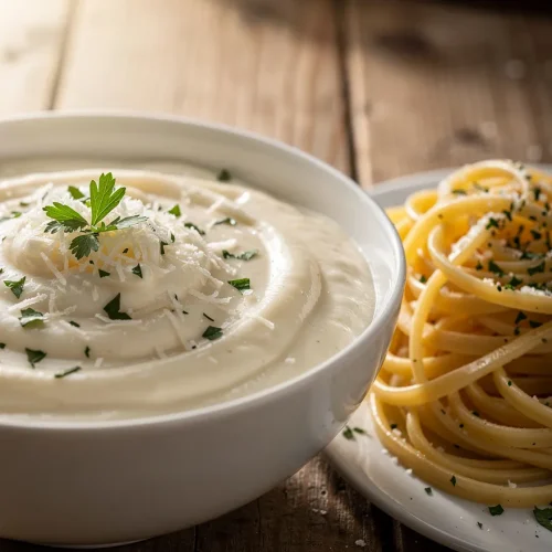 Creamy homemade Alfredo sauce topped with Parmesan and parsley, served with pasta on the side