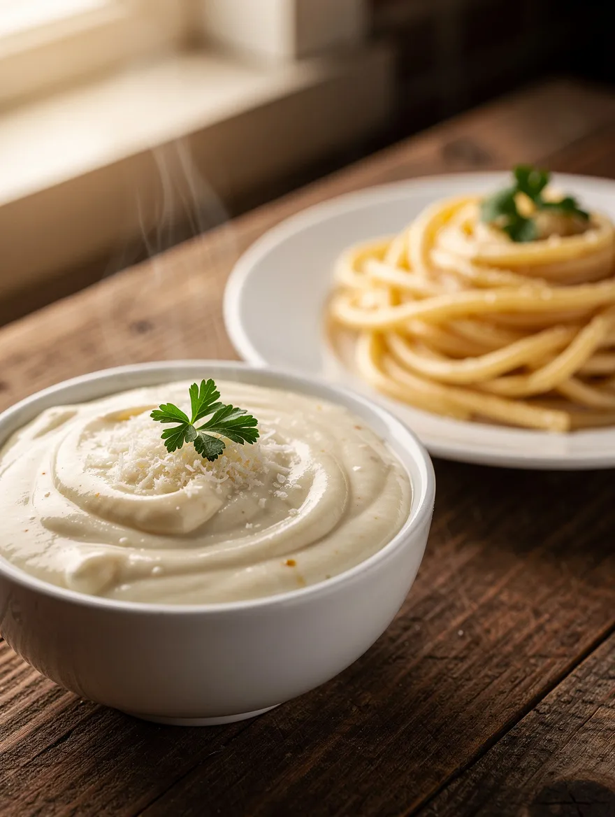 Creamy homemade Alfredo sauce in a bowl with grated Parmesan and parsley, served beside pasta