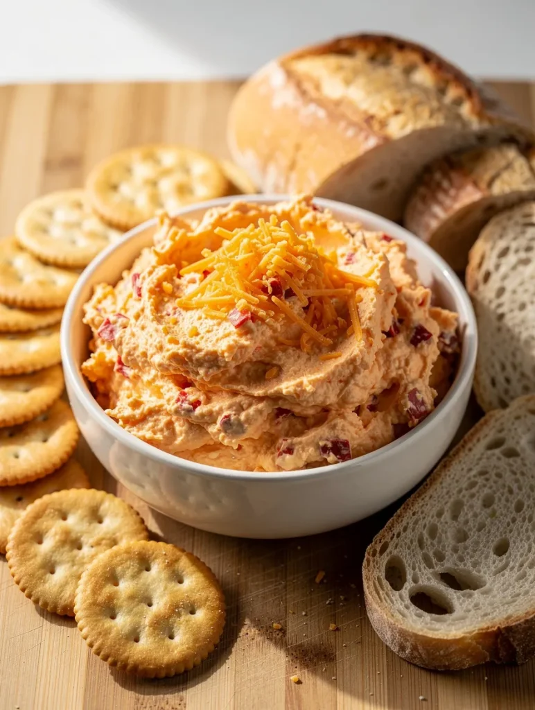 Homemade pimento cheese spread with shredded cheddar, crackers, and sliced bread