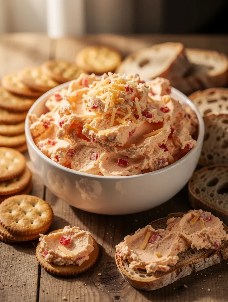 Homemade pimento cheese spread served with crackers and sliced bread