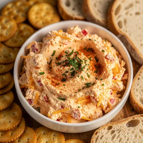 Creamy homemade pimento cheese dip with paprika, served with crackers and sliced bread