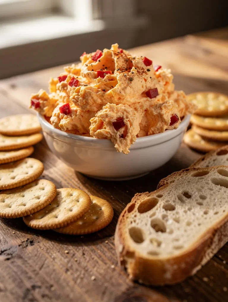 Homemade pimento cheese dip with crackers and bread on a wooden board