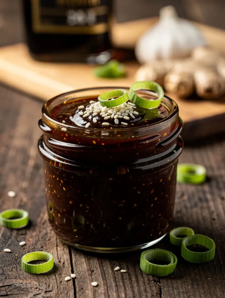 Homemade teriyaki sauce in a glass jar garnished with sesame seeds and green onion slices