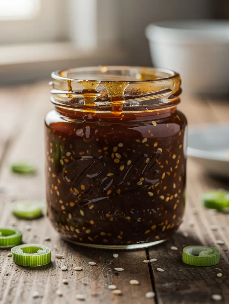 Sticky homemade teriyaki sauce in a glass jar with sesame seeds and green onion slices