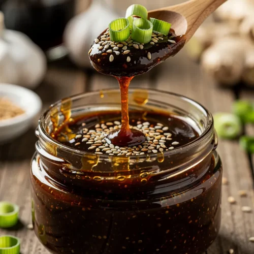 Thick homemade teriyaki sauce dripping from a wooden spoon into a glass jar with sesame seeds and green onions