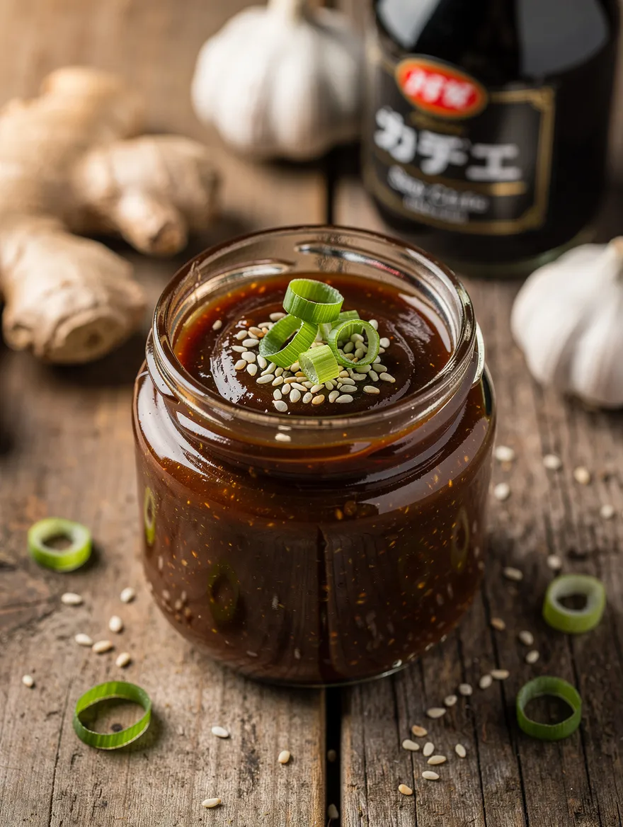 Homemade teriyaki sauce in a glass jar topped with sesame seeds and sliced green onions