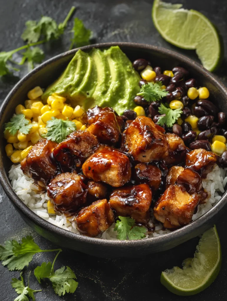 Honey chipotle chicken bowl with rice, avocado, black beans, and corn