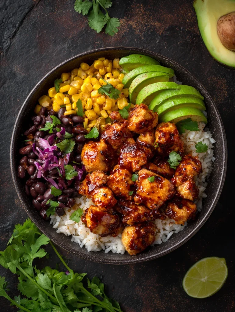 Honey chipotle chicken bowl with rice, avocado, black beans, and corn