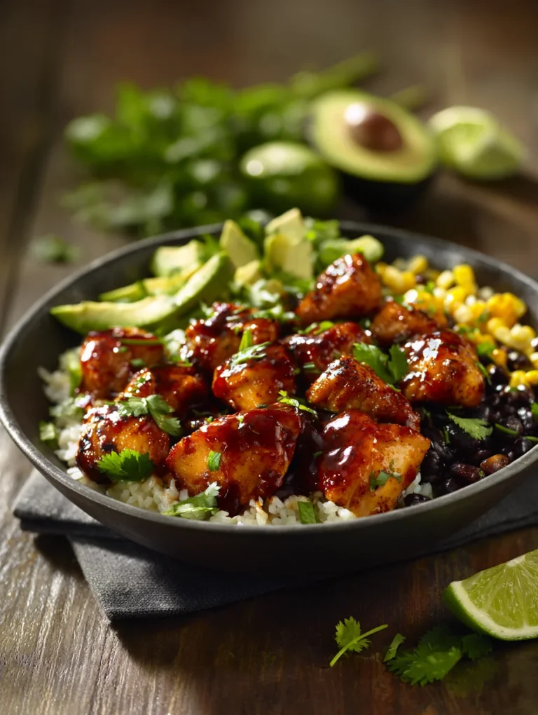 Honey chipotle chicken bowl with rice, black beans, corn, and avocado