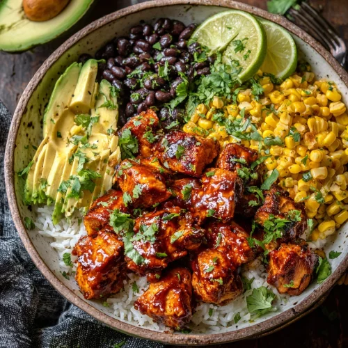Honey chipotle chicken bowl with rice, avocado, black beans, corn, and lime