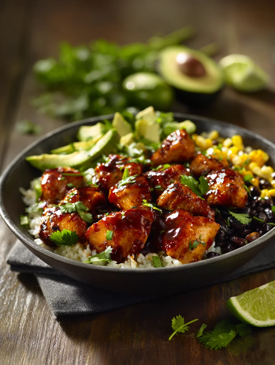 Honey chipotle chicken bowl with rice, black beans, corn, and avocado