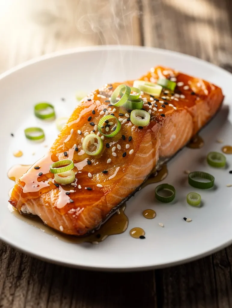 Honey garlic glazed salmon with sesame seeds and green onions on a white plate