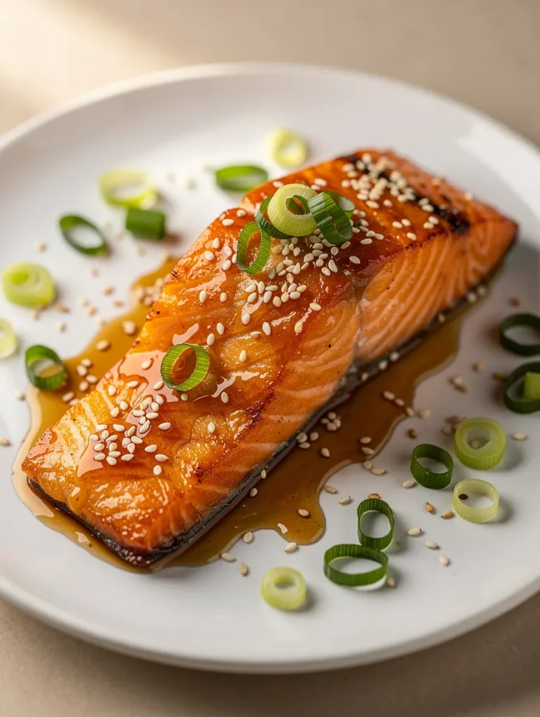 Honey garlic glazed salmon fillet with sesame seeds and green onions on a white plate
