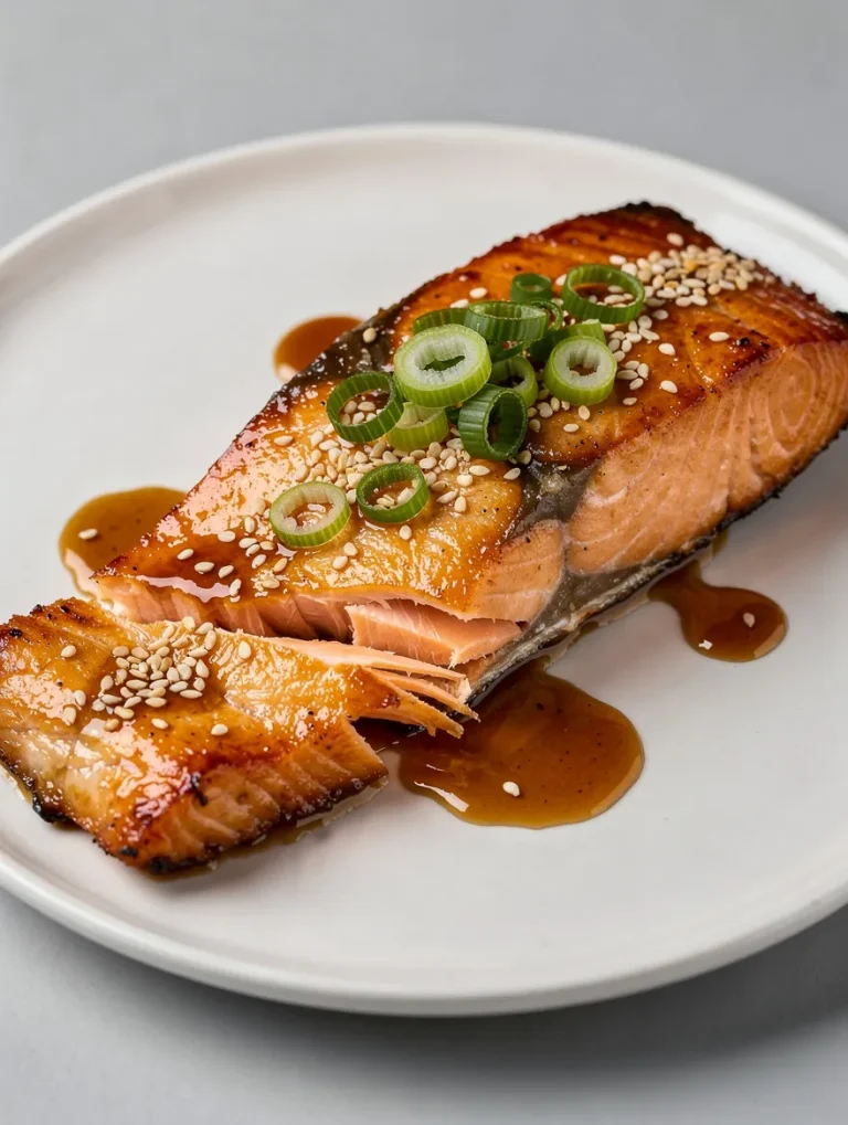 Honey garlic glazed salmon topped with sesame seeds and green onions on a white plate