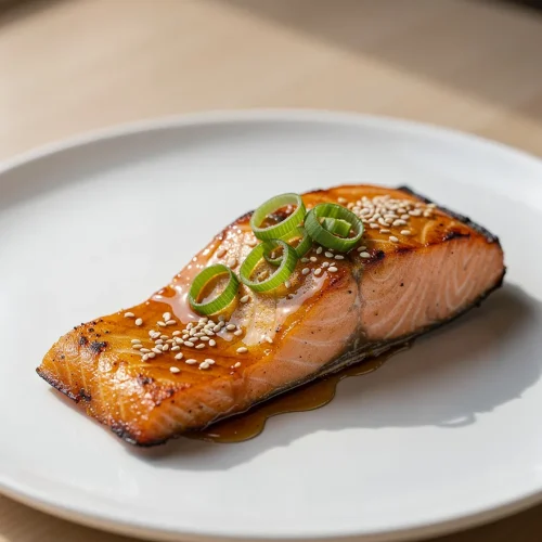 Honey garlic glazed salmon with sesame seeds and green onions on a white plate