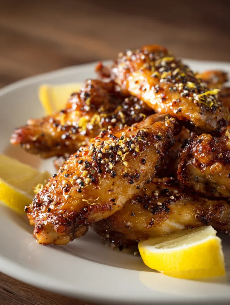 Crispy honey lemon pepper wings coated in glaze and topped with cracked pepper and lemon zest.