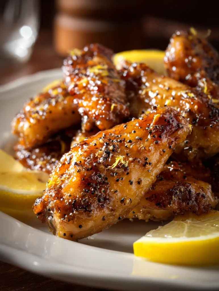 Sticky honey lemon pepper wings with caramelized glaze, black pepper, and fresh lemon slices on a plate.