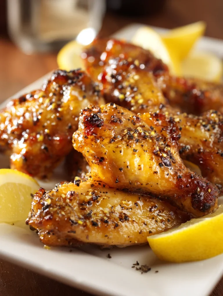 Honey lemon pepper chicken wings glazed and garnished with cracked pepper and lemon wedges.