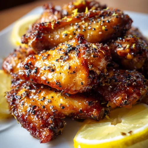 Honey lemon pepper chicken wings piled on a plate with glossy glaze, cracked pepper, and lemon slices.