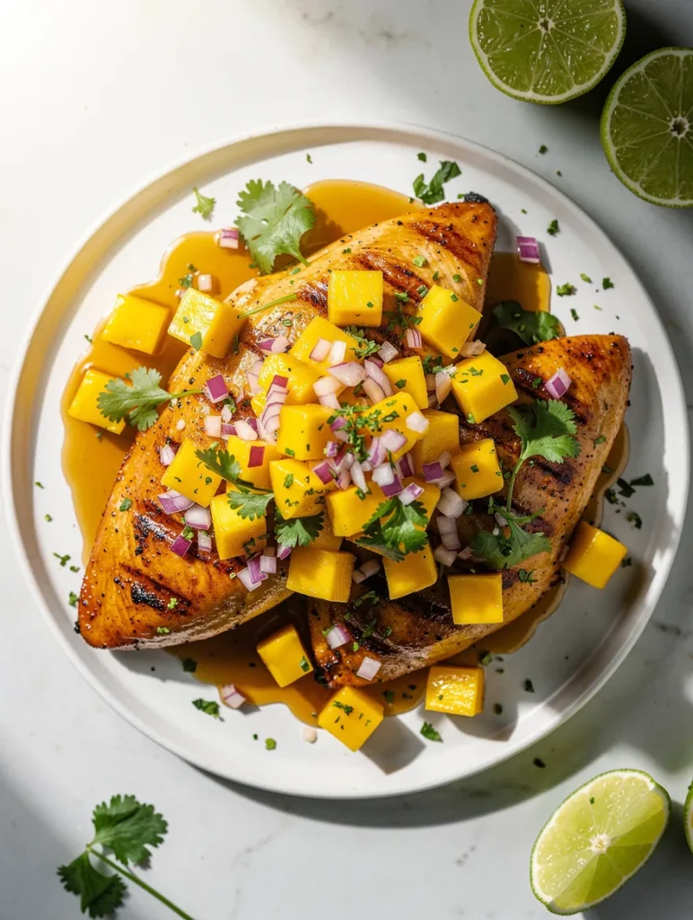 Grilled honey lime chicken topped with fresh mango salsa