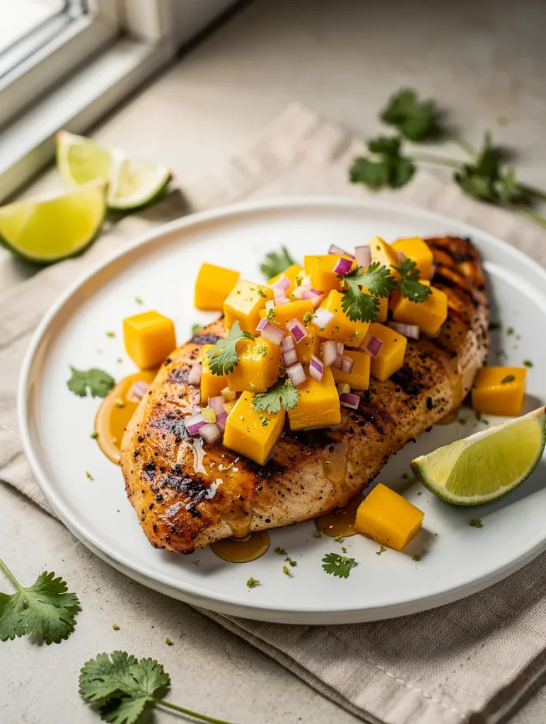 Honey lime grilled chicken topped with mango salsa and fresh cilantro