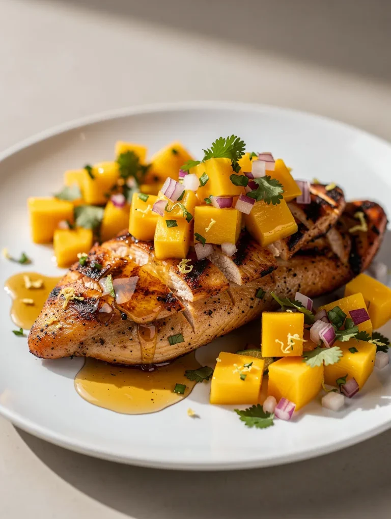 Honey lime chicken with mango salsa on a white plate