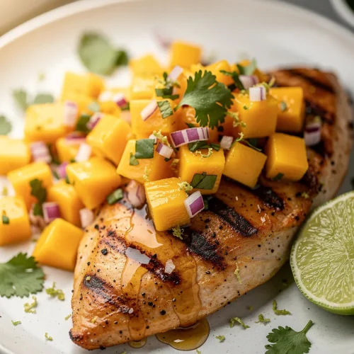 Grilled honey lime chicken with mango salsa and lime wedges