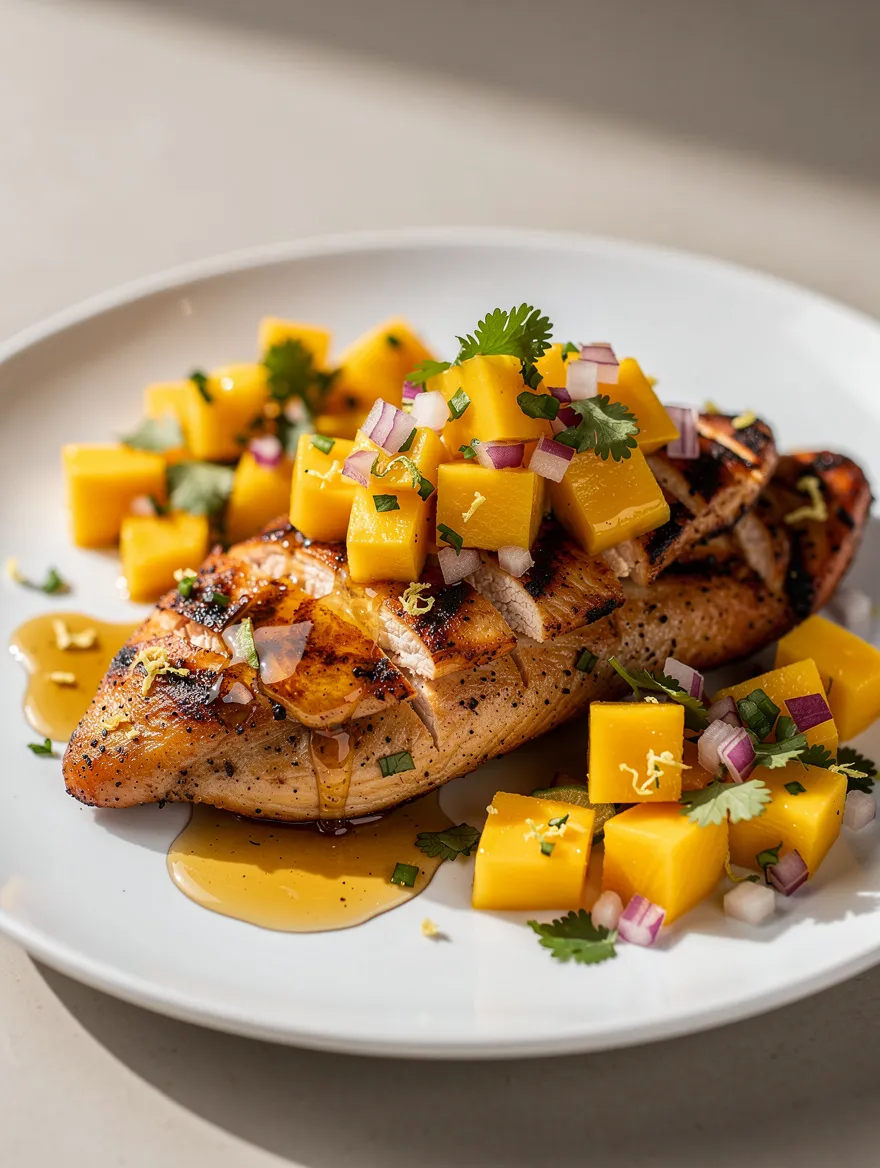Honey lime chicken with mango salsa on a white plate