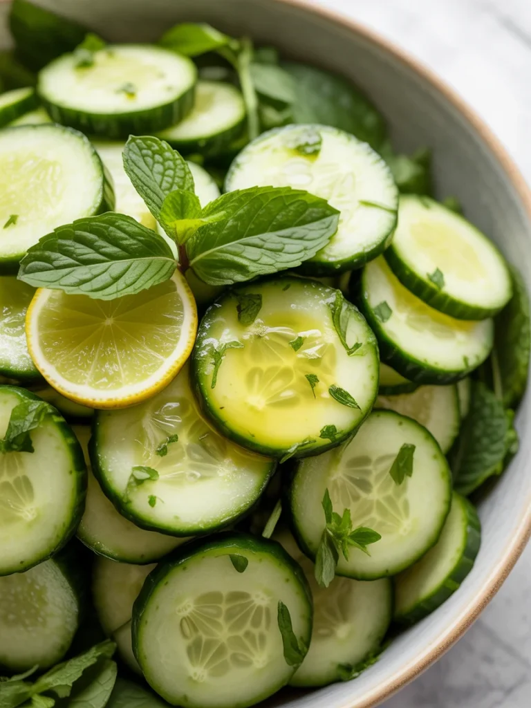 Honey lime cucumber salad with lemon slice and fresh mint garnish