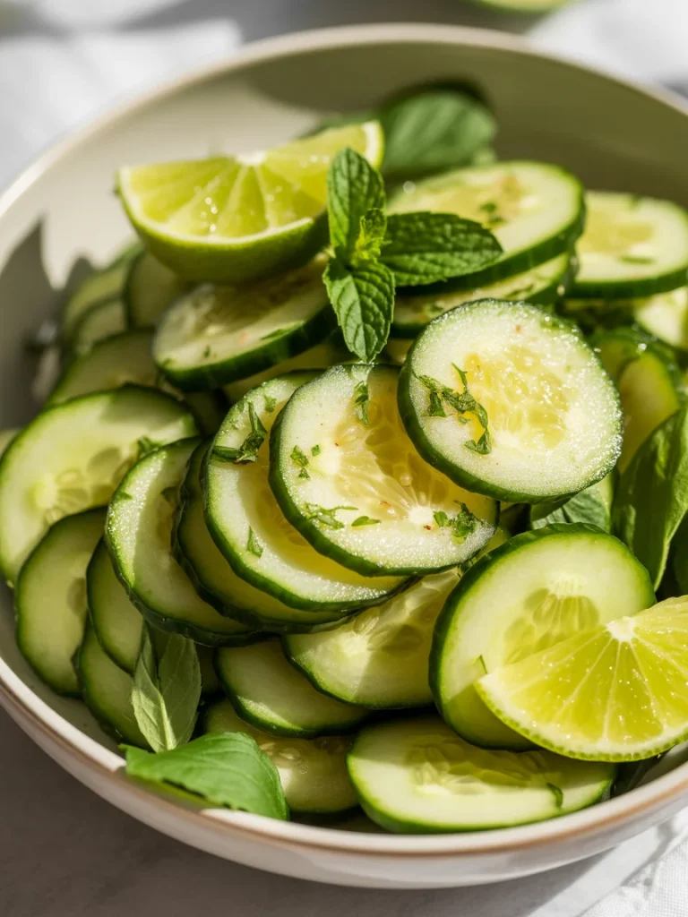 Honey lime cucumber salad with fresh mint and lime wedges