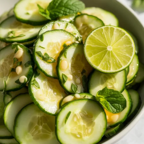 Honey lime cucumber salad with fresh mint and lime slice