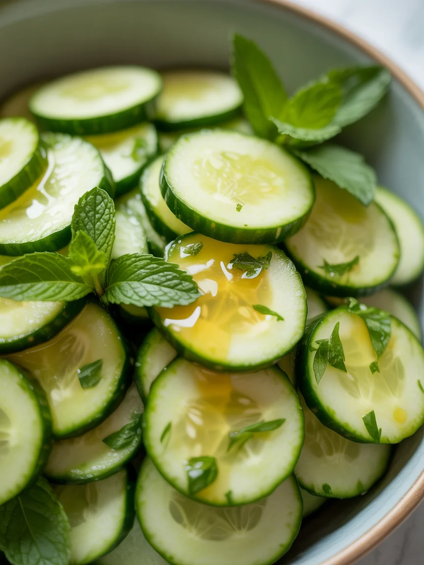 Honey lime cucumber salad with fresh mint leaves