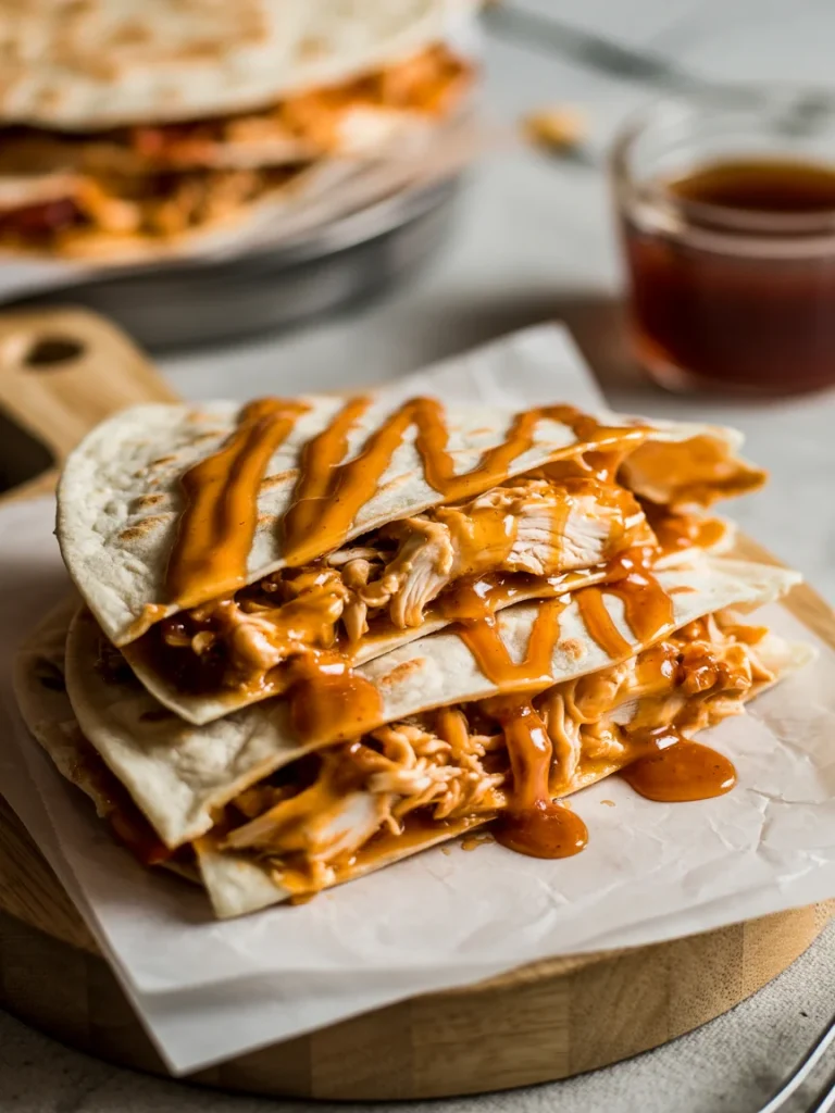 Hot honey BBQ chicken quesadillas stacked with shredded chicken and spicy sauce drizzle