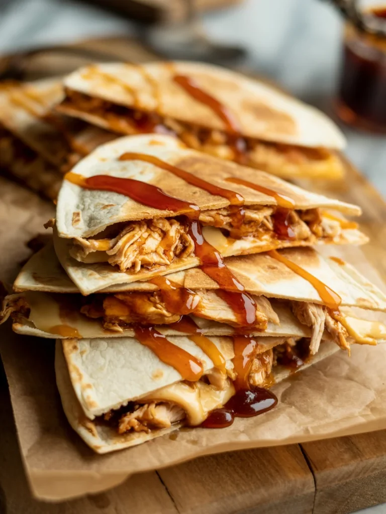 Hot honey BBQ chicken quesadillas stacked with melted cheese and sweet spicy sauce