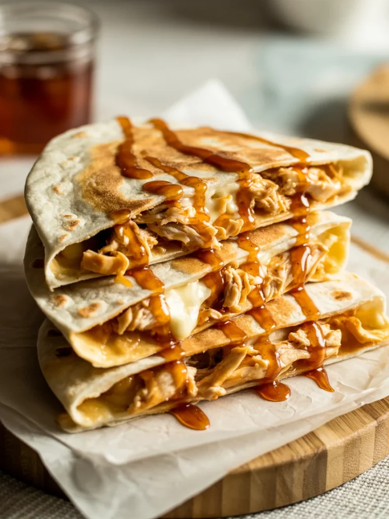 Hot honey BBQ chicken quesadillas with melted cheese and drizzle of sauce