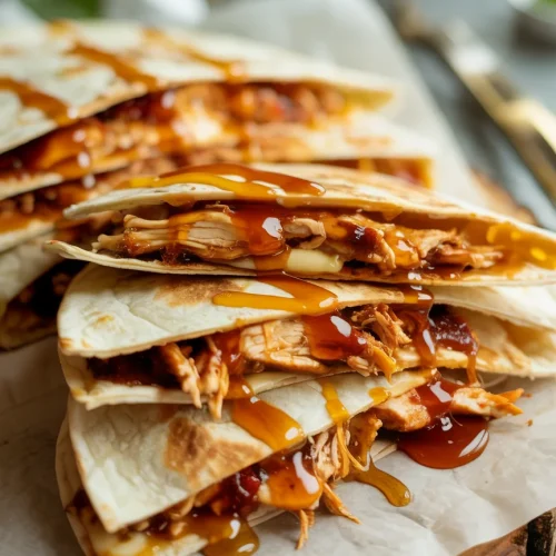 Hot honey BBQ chicken quesadillas with melted cheese and sweet spicy sauce drizzle