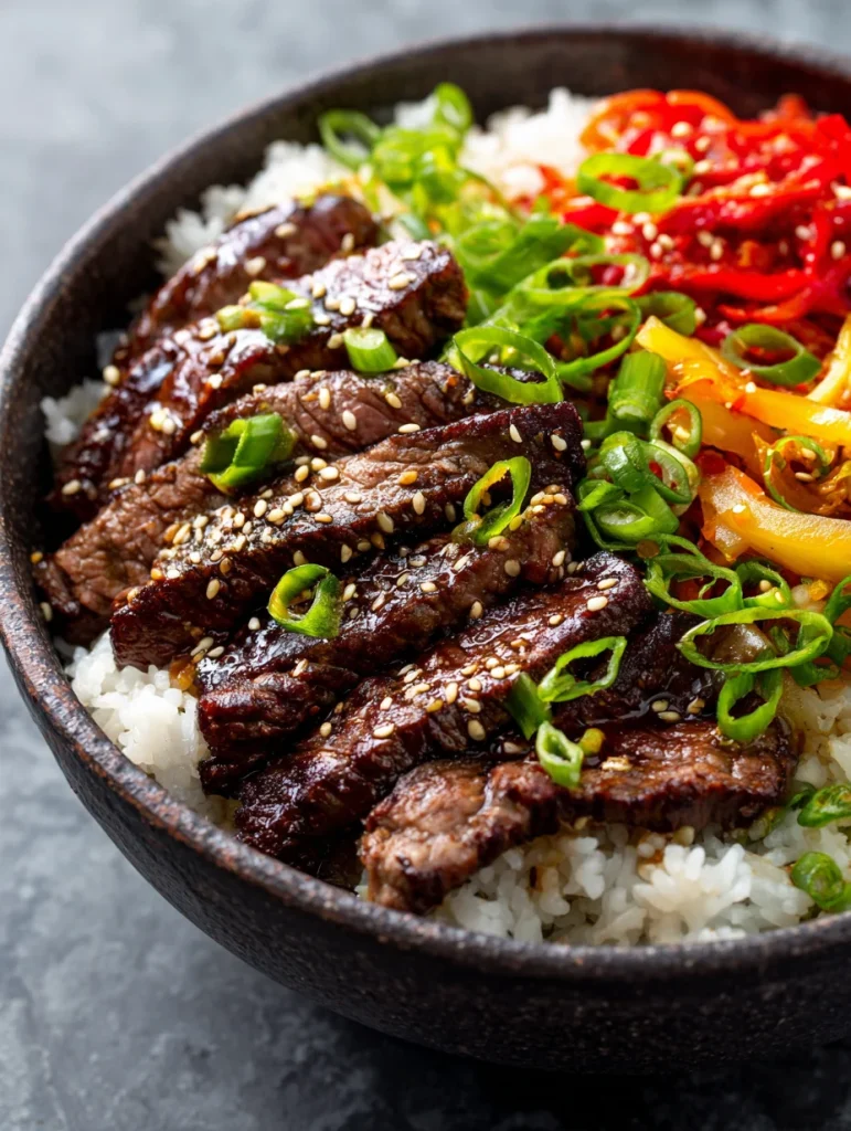 Korean steak rice bowl with sliced beef, white rice, scallions, sesame seeds, and pickled vegetables.