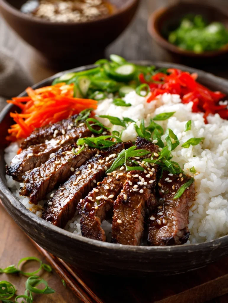 Korean steak rice bowl with sliced glazed beef, white rice, sesame seeds, scallions, and fresh vegetables.