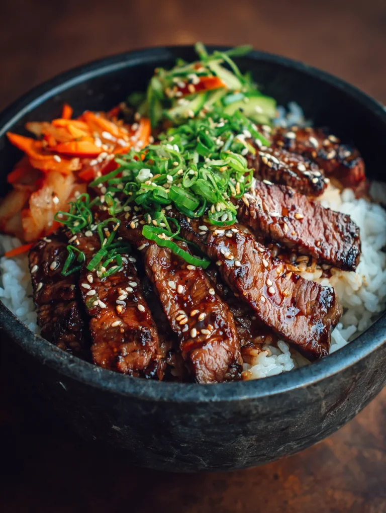 Korean steak rice bowl with sliced beef, white rice, green onions, and sesame seeds.