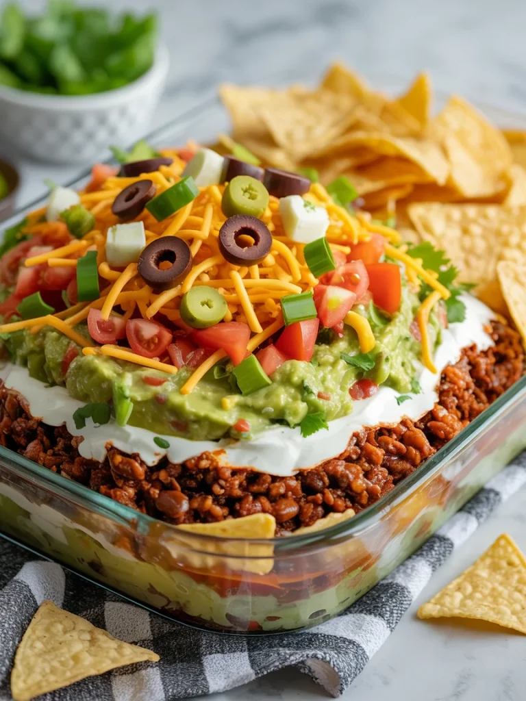 Layered taco dip with guacamole, beans, cheese, olives, and tortilla chips