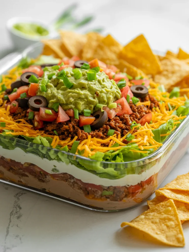 Layered taco dip with guacamole, ground beef, cheese, lettuce, and tortilla chips