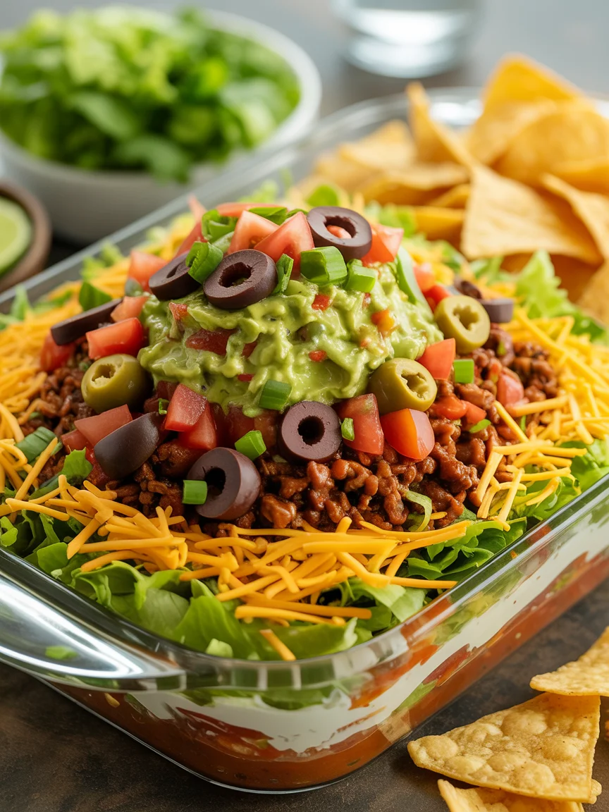 Layered taco dip with guacamole, seasoned beef, cheese, olives, and tortilla chips